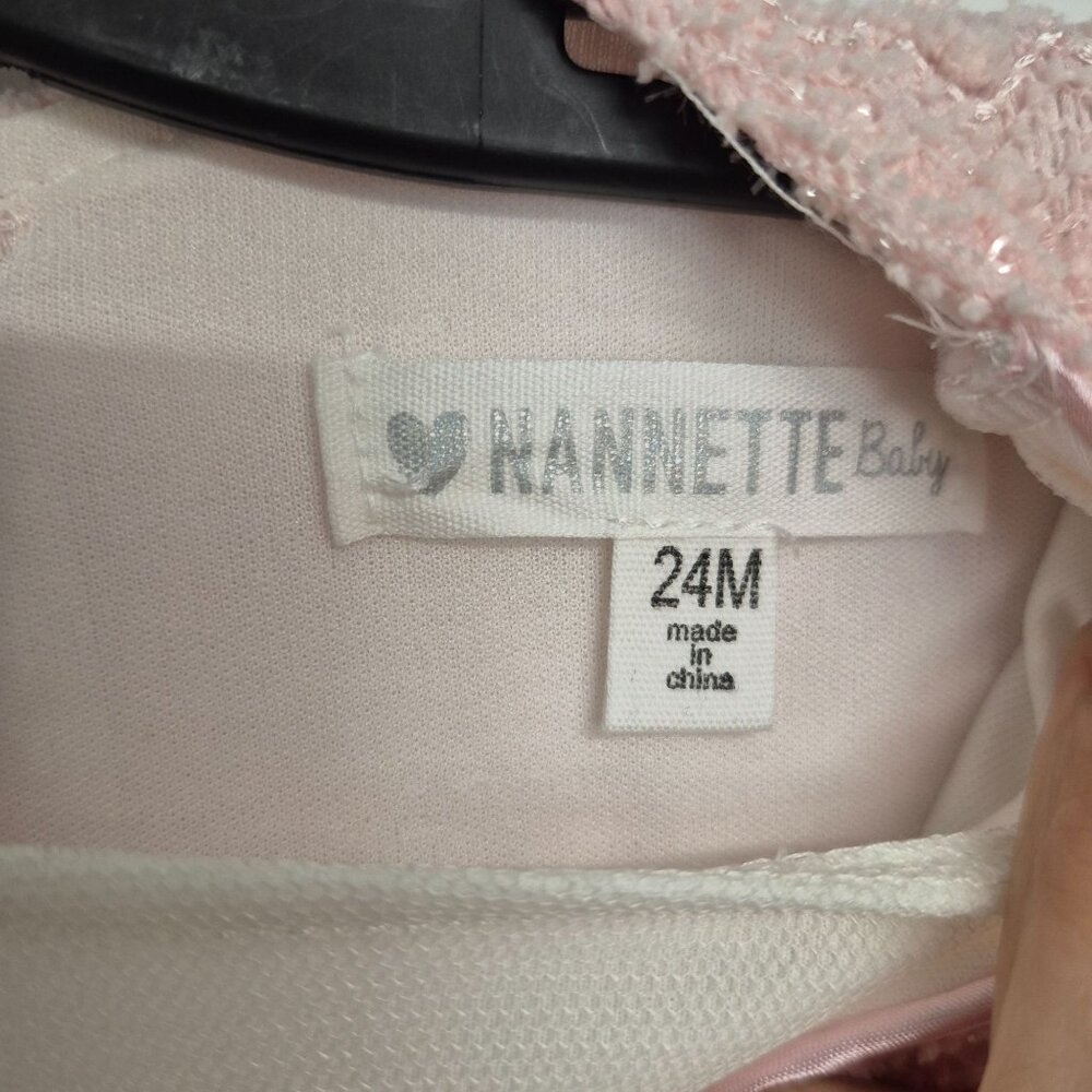 Nanette Baby Girls Pink & Ivory Dress 24M With Floral Rosette Skirt & Bow Accent - Picture 3 of 6